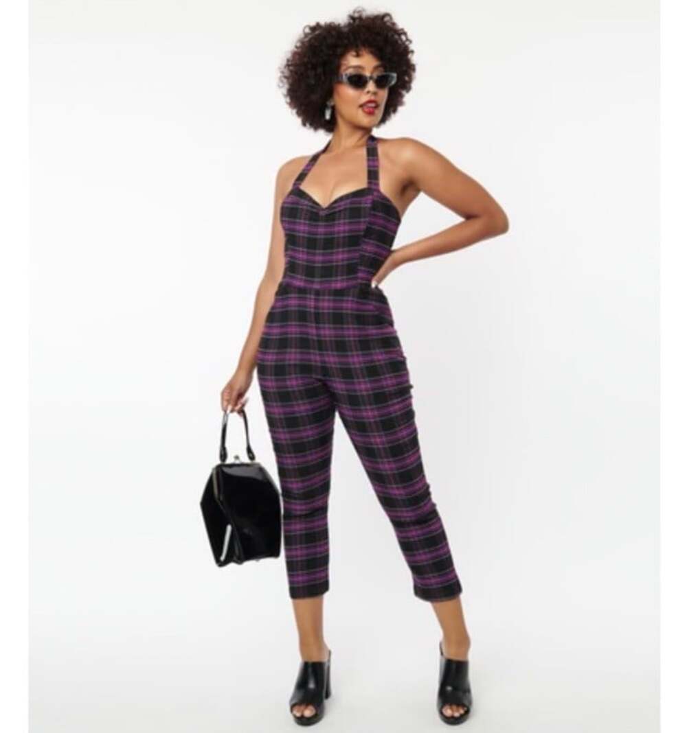 Unique Vintage Halter Top Jumpsuit Pin Up Retro Purple Black Plaid Sz M 6/8